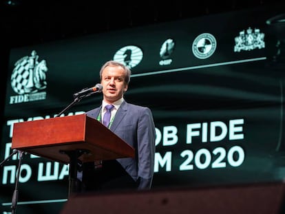 El presidente de la FIDE, Arkady Dvorkóvich, el pasado día 16 durante la inauguración del Torneo de Candidatos en Yekaterimburgo