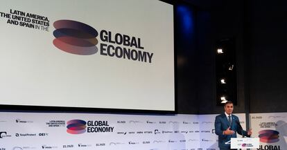 El presidente del Gobierno español, Pedro Sánchez, durante la conferencia 'América Latina, Estados Unidos y España en la Economía Global', este martes en Nueva York.