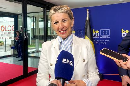 La vicepresidenta segunda y ministra de Trabajo, Yolanda Díaz, a su llegada a la Conferencia sobre el Pilar de Derechos Sociales de la UE en la localidad belga de La Hulpe.