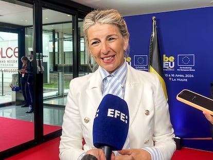 La vicepresidenta segunda y ministra de Trabajo, Yolanda Díaz, a su llegada a la Conferencia sobre el Pilar de Derechos Sociales de la UE en la localidad belga de La Hulpe.