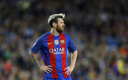 Messi en el Camp Nou durante el partido contra el Manchester City. 