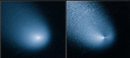 El cometa Siding Spring fotografiado por el telescopio `Hubble&acute; el pasado 11 de marzo: imagen original (izquierda) y tratada (derecha). 
 