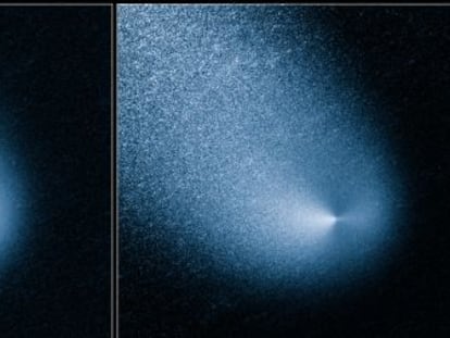 El cometa Siding Spring fotografiado por el telescopio `Hubble&acute; el pasado 11 de marzo: imagen original (izquierda) y tratada (derecha). 
 