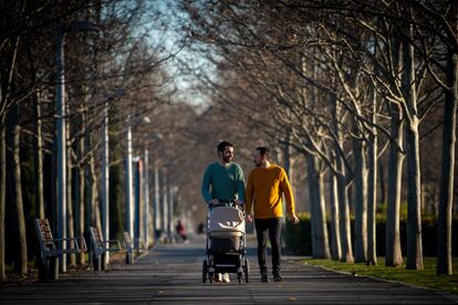 Pedro Angelo Ribeiro (amarillo) y Javier Anta Armenteros paseando a su bebé en Madrid.