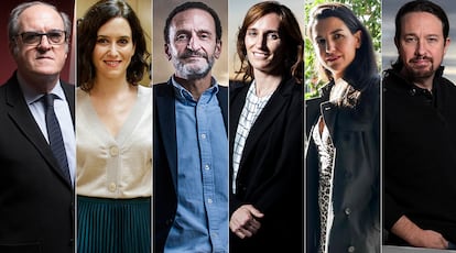 Candidatos a la presidencia de la Comunidad de Madrid en las elecciones del 4 de mayo. Desde la izquieda, Ángel Gabilondo (PSOE), Isabel Díaz Ayuso (PP), Edmundo Bal (Cs), Mónica García (Más Madrid), Rocío Monasterio (Vox) y Pablo Iglesias (Podemos).