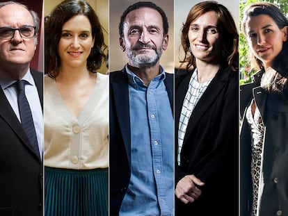 Candidatos a la presidencia de la Comunidad de Madrid en las elecciones del 4 de mayo. Desde la izquieda, Ángel Gabilondo (PSOE), Isabel Díaz Ayuso (PP), Edmundo Bal (Cs), Mónica García (Más Madrid), Rocío Monasterio (Vox) y Pablo Iglesias (Podemos).