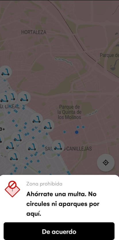 Bulos en un mensaje a los usuarios de la aplicación de Dott cuando clican sobre zonas rojas en el este de la ciudad de Madrid.