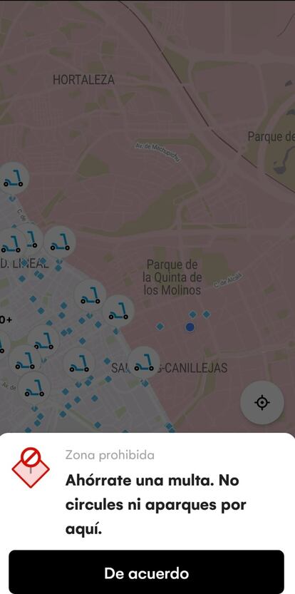 Bulos en un mensaje a los usuarios de la aplicación de Dott cuando clican sobre zonas rojas en el este de la ciudad de Madrid.