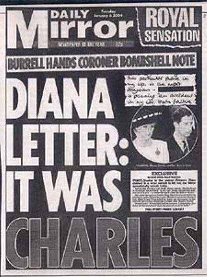 Portada el <i>Daily Mirror</i> sobre la supuesta carta de Lady Di.