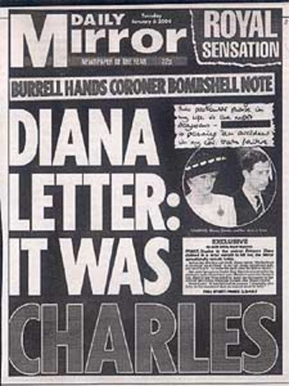 Portada el <i>Daily Mirror</i> sobre la supuesta carta de Lady Di.