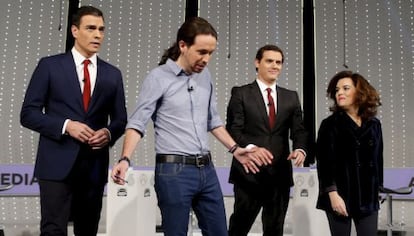 Sánchez, Iglesias, Rivera y Santamaría, en el debate organizado por EL PAÍS en la pasada campaña.