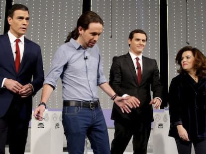 Sánchez, Iglesias, Rivera y Santamaría, en el debate organizado por EL PAÍS en la pasada campaña.