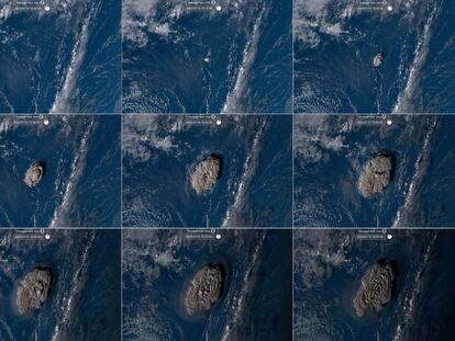 Imágenes del satélite japonés 'Himawari-8', con la progresión el sábado de la erupción volcánica submarina cerca de la isla de Tonga.