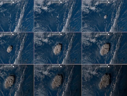 Imágenes del satélite japonés 'Himawari-8', con la progresión el sábado de la erupción volcánica submarina cerca de la isla de Tonga.