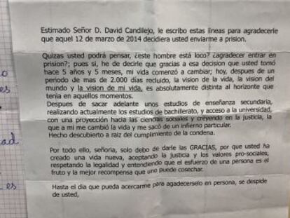 Un reo envía una carta de agradecimiento al magistrado que lo encarceló hace cinco años