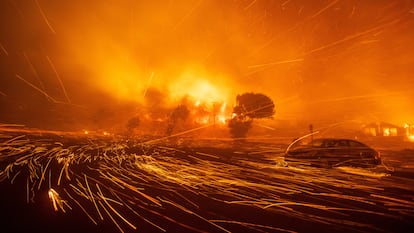 El viento lleva las brasas en el incendio Palisades en Los ?ngeles, California, el 7 de enero.