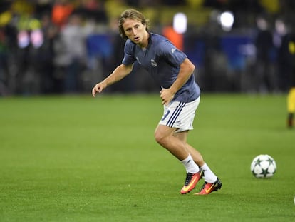 Luka Modric en el calentamiento previo al partido contra el Borussia Dortmund. 