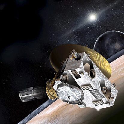 Esta recreación artística muestra a la sonda Nuevos Horizontes orbitando sobre Plutón con Caronte, sú única luna, al fondo.