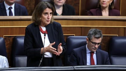 La vicepresidenta tercera y ministra de Transición Ecológica, Teresa Ribera, este miércoles durante la sesión de control en el Congreso.