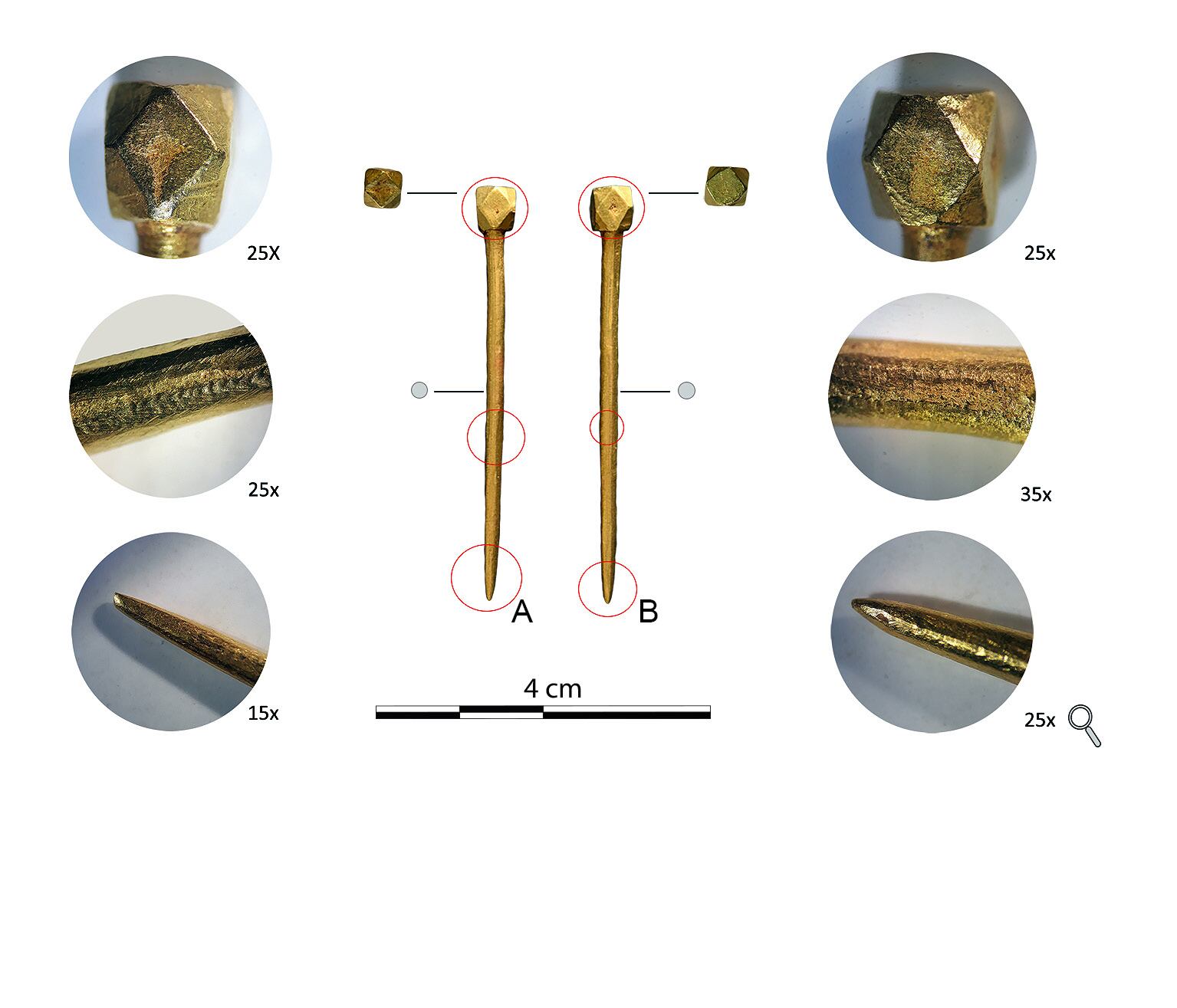 Alfileres de oro hallados en la tumba de Hostalot.