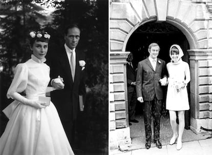 La evolución de una actriz. El 25 de septiembre de 1954, Audrey Hepburn se casaba con el actor y director Mel Ferrer y para el día contó con la ayuda de su diseñador de cabecera, Hubert de Givenchy, que le diseñó un traje de inspiración victoriana con un fajín a la cintura y cuello abotonado. A la izquierda: Audrey Hepburn el día de su boda civil con Andrea Dotti, el 18 de enero de 1969, para cuya ocasión eligió un sencillo vestido rosa a juego con el pañuelo de Givenchy.