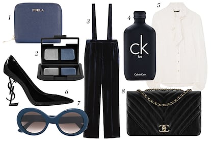 1. Furla Monedero 2. Nars Paleta de sombras 3. Claudie Pierlot Peto de terciopelo 4. Clavin Klein Perfume Be 5. Desigual Camisa con lazada 6. Saint Laurent Salones con logo en el tacón 7. Jimmy Choo Gafas de sol de pasta 8. Chanel Bolso bandolera.