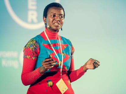 Hlamalani Ngwenyam, durante su charla en el Youth Ag Summit de Bruselas, B&eacute;lgica, a principios de octubre de 2017.
