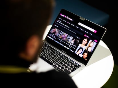 Un joven visualiza una página web porno con imágenes de famosas.