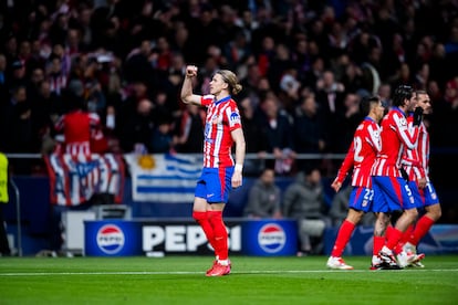 El británico Conor Gallagher celebra el gol con el que ha abierto el marcador del partido de vuelta para el Atlético de Madrid. 