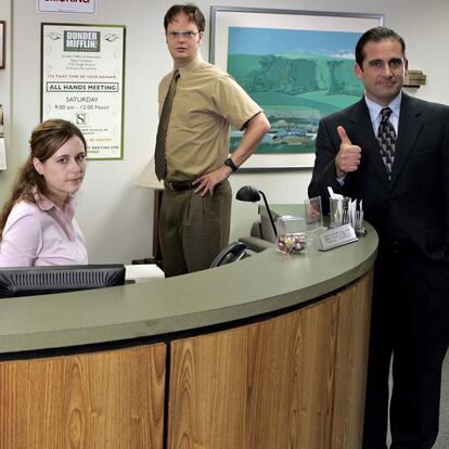 De izquierda a derecha: B.J. Novak, John Krasinski, Jenna Fischer, Rainn Wilson  y Steve Carell en la serie 'The Office'.