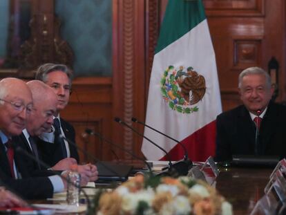 U.S. Secretary of State Antony Blinken attends a working meeting with Mexican President Andrés Manuel López Obrador and U.S. Secretary of Homeland Security Alejandro Mayorkas at the National Palace in Mexico City, Mexico.