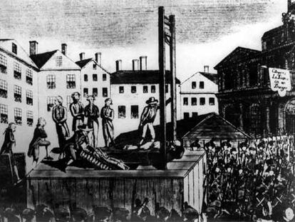 Grabado titulado &#39;La invención de la guillotina&#39;, de la época de la Revolución Francesa.