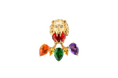 Pendiente individual con motivo de cabeza de león en oro amarillo de 18 quilates, gemas de colores y diamantes.