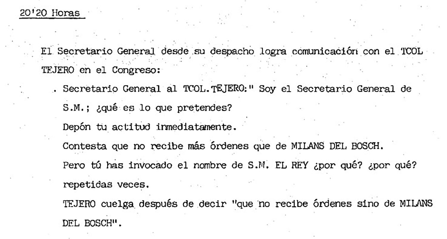 20.20 horas del 23-F. La Zarzuela a Tejero: “Depón tu actitud inmediatamente”
