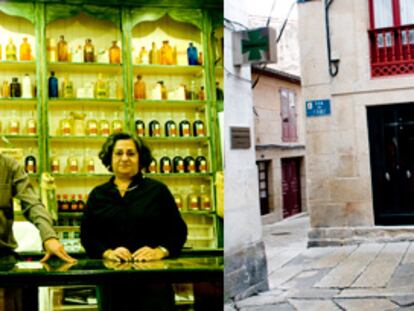 De izquierda a derecha, tres imágenes de Allariz (Ourense): la tienda de artesanía O Sarillo, la licorería Zirall (atendida por José Luis González Pérez y Rosario López Varela) y la tienda outlet de Roberto Verino.