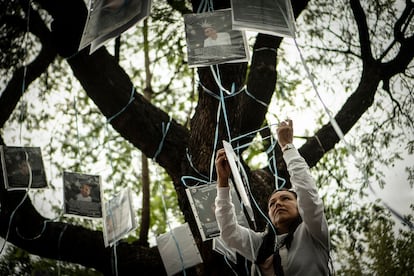 Rocío Méndez Chávez participa en la colocación de fotografías de desaparecidos, en Ciudad de México. 