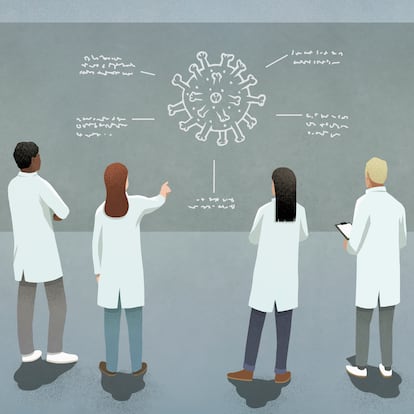 Scientists discussing COVID-19 coronavirus diagram