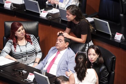 Salgado Macedonio, rodeado de compañeras y de su hija que le acaricia el cabello, en el recinto del Senado el 19 de abril de 2019.