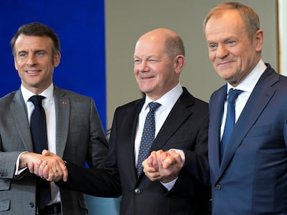 El presidente de Francia, Emmanuel Macron, el canciller, Olaf Scholz, y el primer ministro polaco, Donald Tusk.