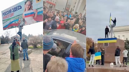 Desde la izquierda, retirada de un cartel ruso en Bilozerka, en la provincia de Jersón; habitantes de Jersón celebran la retirada rusa junto a soldados ucranios, y la celebración en otro punto de la ciudad, el 11 de noviembre. 