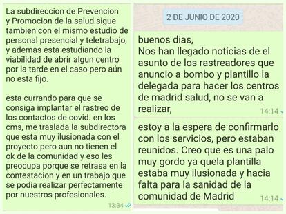 A la izquierda, mensajes del 22 de mayo de Pilar Heredia, de UGT Madrid Salud; a la derecha, los del 2 de junio
