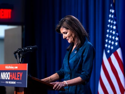 US Republican presidential candidate Nikki Haley pauses to regain her composure while speaking about her husband's military deployment during what she billed as a 'state of the race speech' in Greenville, South Carolina, 20 February 2024.