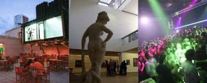 De izquierda a derecha, la instalación <i>Prótesis institucional</i>, de Santiago Cirugeda, en el Espai d'Art Contemporani; el refinado interior del Museo de Bellas Artes, y la pista de baile de la discoteca Narita.