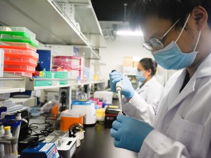 Investigadores de la Universidad de Pekín realizan un ensayo con la vacuna contra la covid.