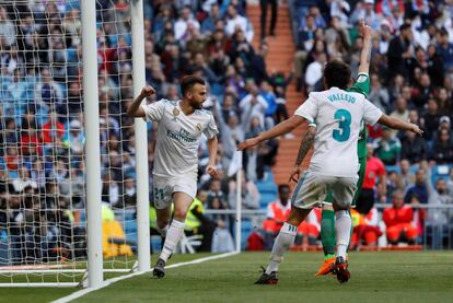 Borja Mayoral celebra el segundo gol del Real Madrid.