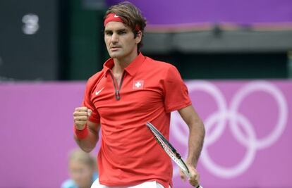 Federer celebra un punto ante Del Potro.