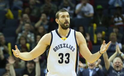 Marc Gasol celebra una de sus canastas ante Toronto.