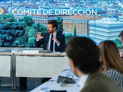 El líder del PP, Pablo Casado, en el comité de dirección del PP, reunido este viernes.
