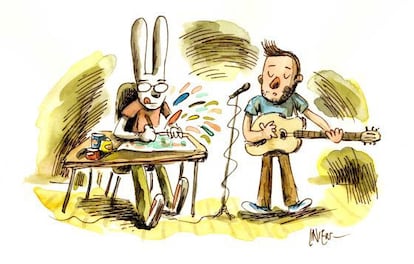 Dibujo de Liniers realizado durante la entrevista con EL PAÍS en Madrid, donde se autorretrata junto a Kevin Johansen.