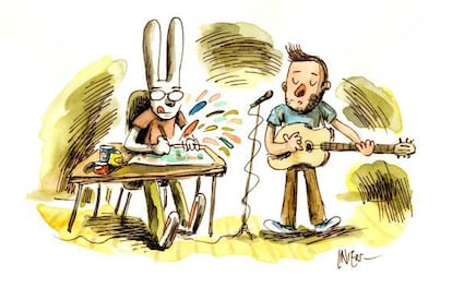 Dibujo de Liniers realizado durante la entrevista con EL PA&Iacute;S en Madrid, donde se autorretrata junto a Kevin Johansen.